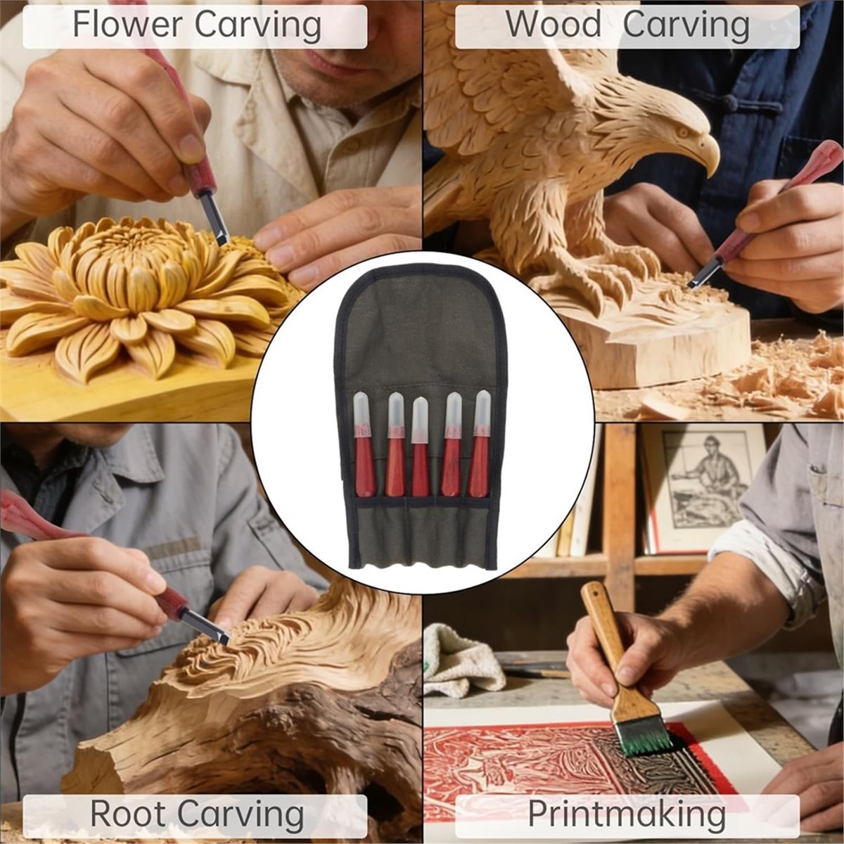 Linocut Carving Tool - A89X 5個入りリノカット彫刻ツールセット、三角彫刻木工用ノミV字型ナイフ、版画木工初心者向け
