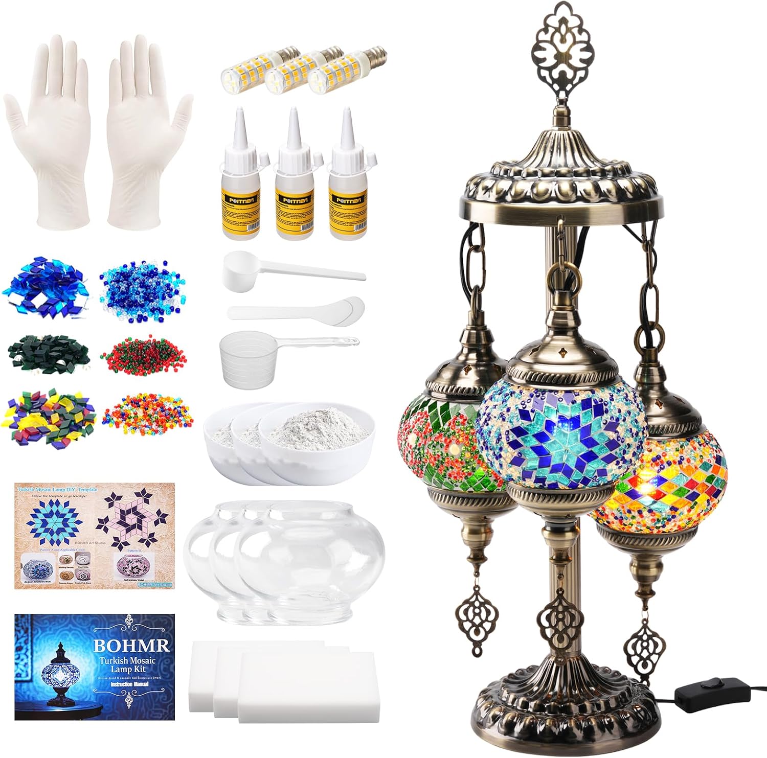 Art Craft Kits - DIY 3グローブトルコモザイクランプキット、高さ23インチのステンドグラステーブルランプ製作キット-簡単で楽しい、経験不要、大人とティーン向けのモザイクアート＆クラフトプロジェクトキット、自分だけのランプを作ろう、マルチカラー