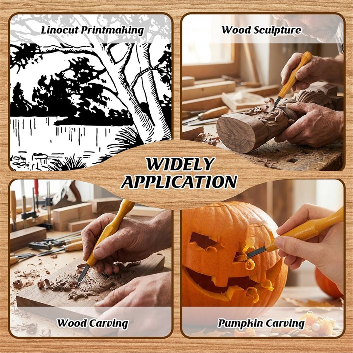 Linocut Carving Tool - 5個セット リノカット木版彫刻用ツールセット 木製+金属製