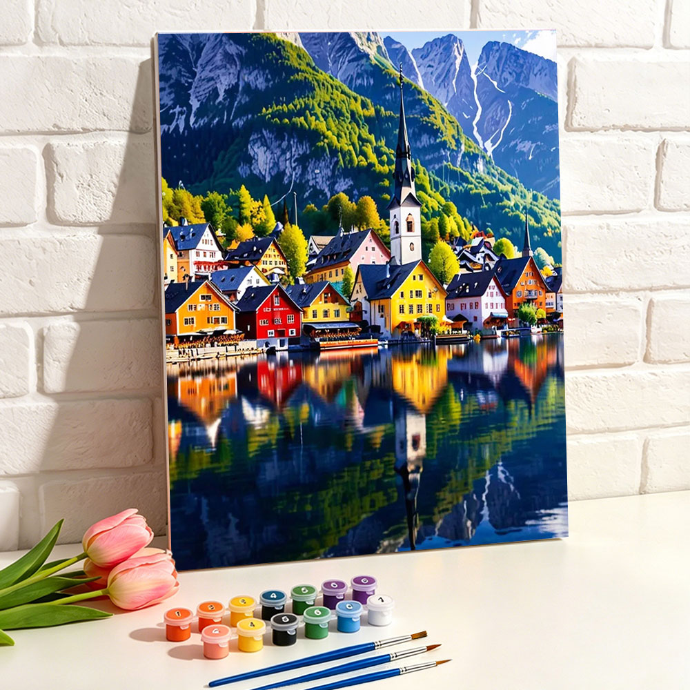 Art Craft Village - DIY デジタル油絵 カラフルな湖畔の村 数字で描くキャンバス絵画 風景画アート＆クラフトキット ギフト