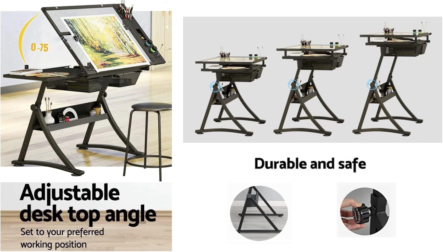 ガラス天板の製図台兼アートデスク – 高さ調節可能なプロ仕様 - Art And Craft Studio のレビューと価格