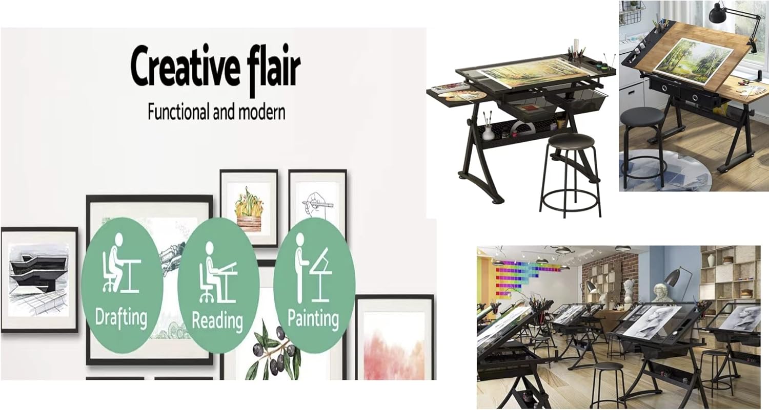 ガラス天板の製図台兼アートデスク – 高さ調節可能なプロ仕様 - Art And Craft Studio のレビューと価格